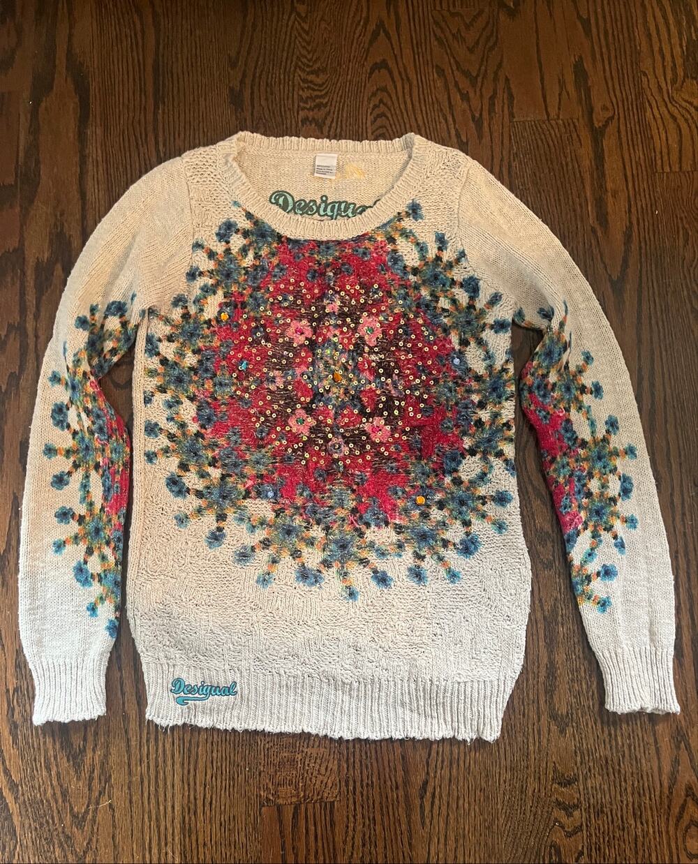 Desigual Boho Knit Pullover Sweater Cream Floral Mandala Sequin Embroidered S